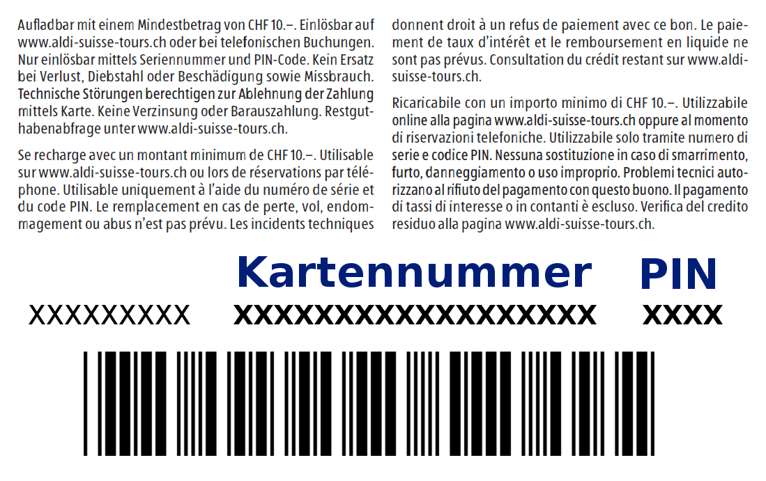 ALDI SUISSE TOURS Giftcard Back